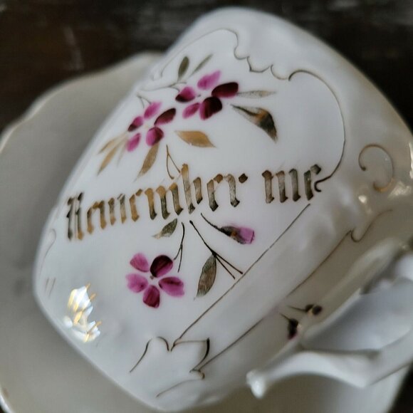 Antique Mustache Cup and Saucer "Remember Me" Flowers, Germany Mustache Mug - Picture 10 of 10